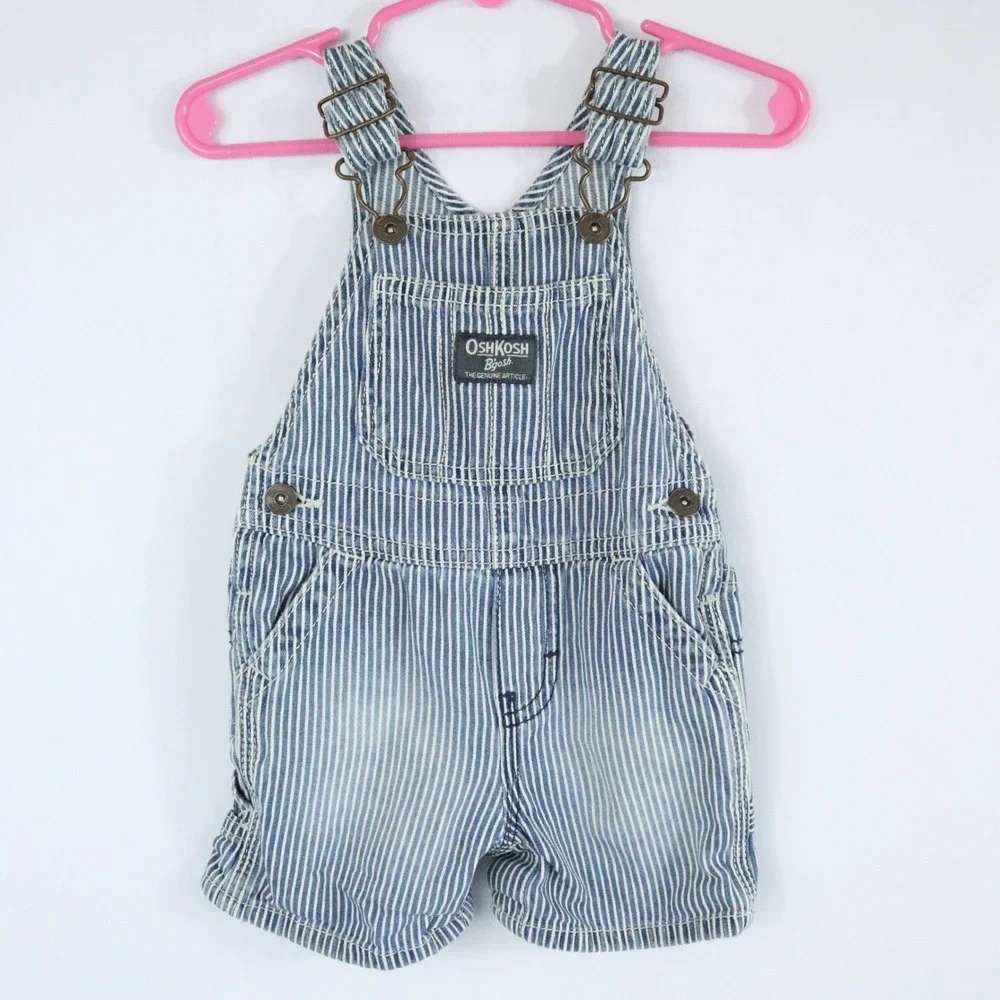 OshKosh B'Gosh Blue Hickory Stripe Railroad Shortalls Vestbak Kids Sz 9 Months